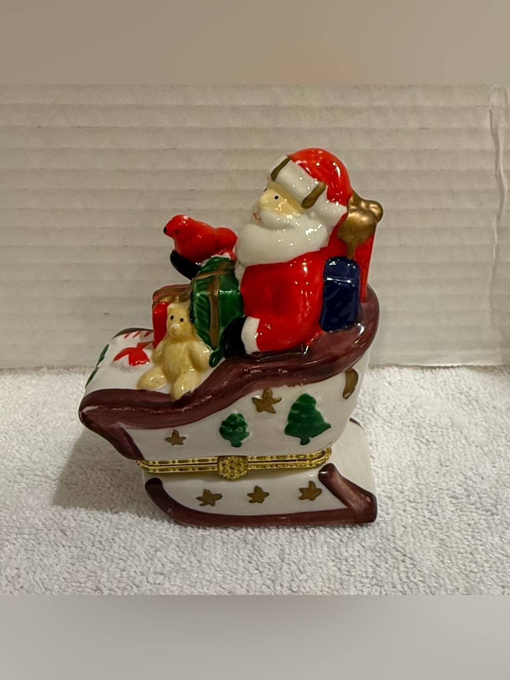 Porcelain Santa Claus In Sleigh w/Toys Hinged Trinket Box Holiday Christmas